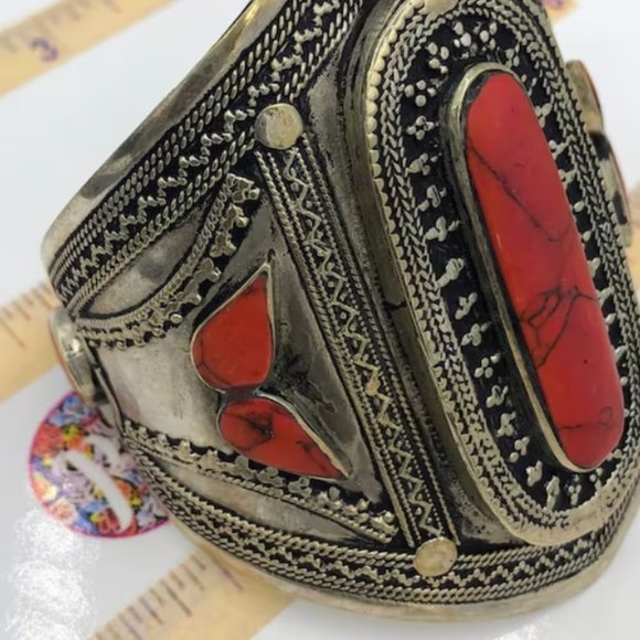 single Tribal Stone Cuff, Coral Stone Ethnic Afghan Cuff Bracelet, Handmade Afgh - Picture 8 of 8